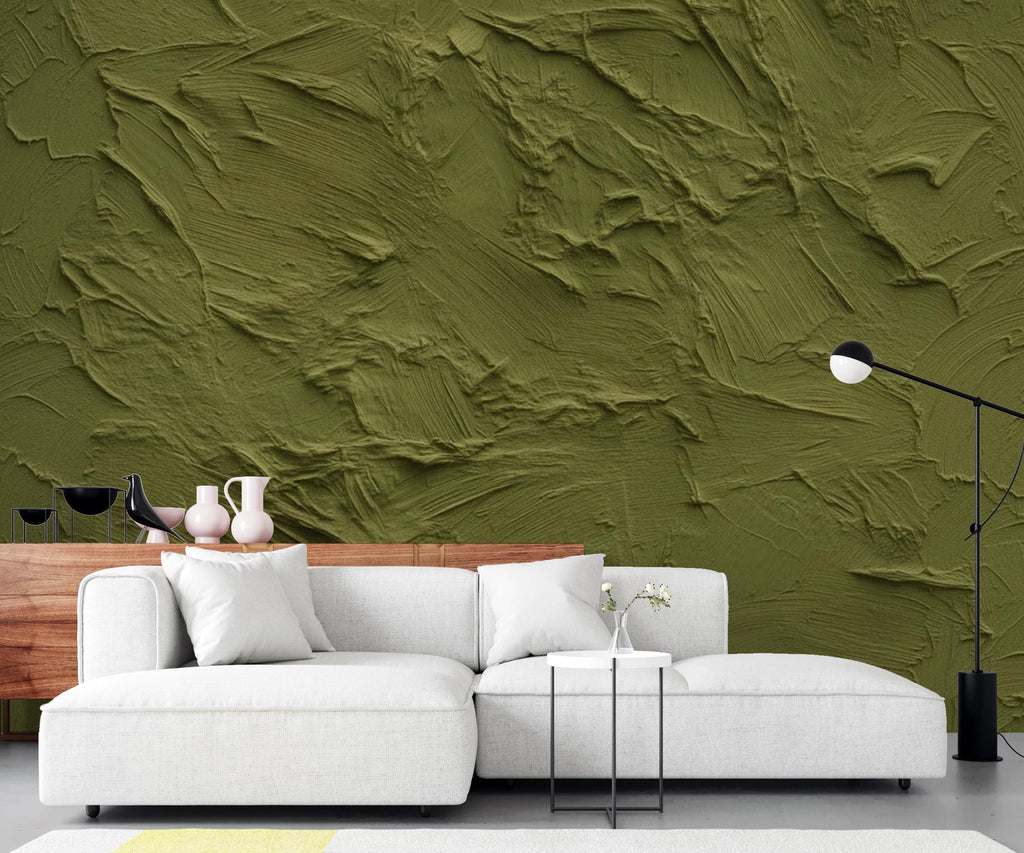 Moss Green Plaster Texture Wallpaper | Warm Earth Tone Abstract Peel and Stick | Rustic Clay Wall Effect | Modern Textured Mural 422DE
