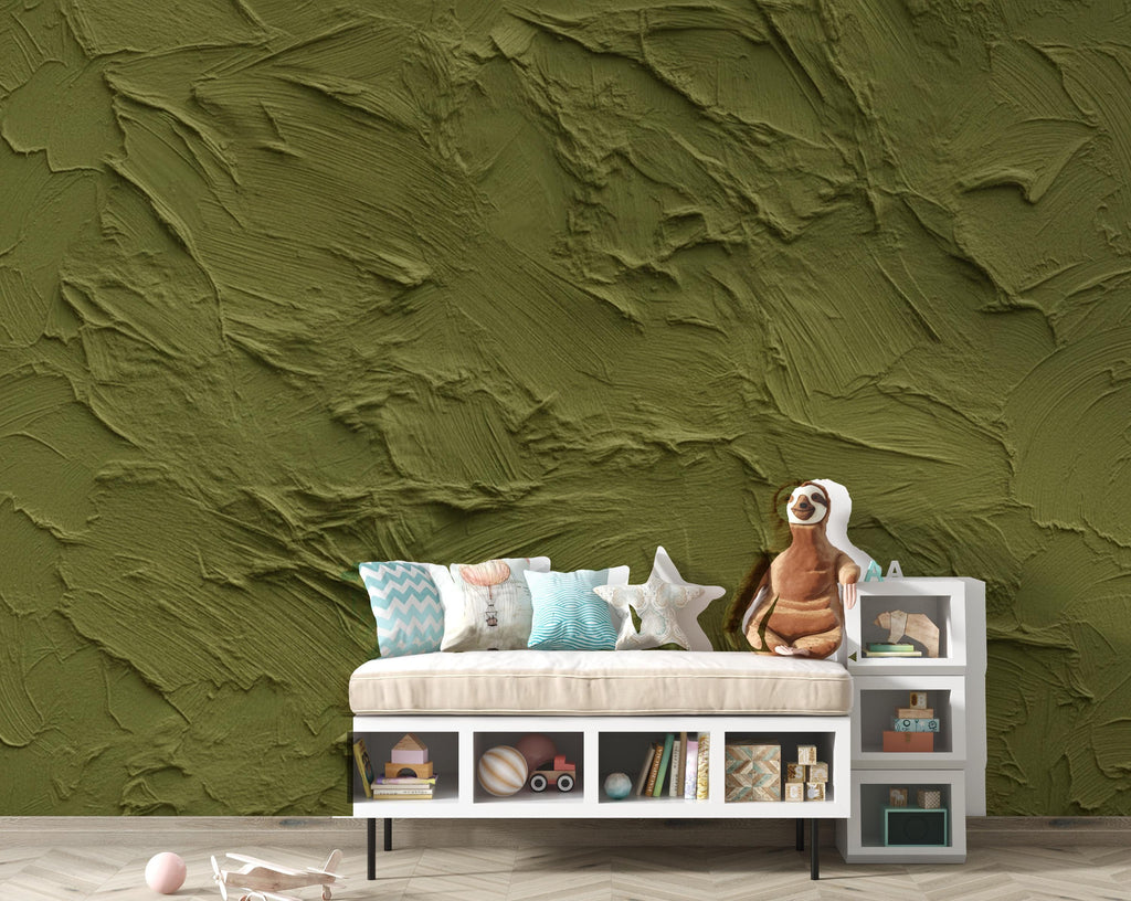 Moss Green Plaster Texture Wallpaper | Warm Earth Tone Abstract Peel and Stick | Rustic Clay Wall Effect | Modern Textured Mural 422DE
