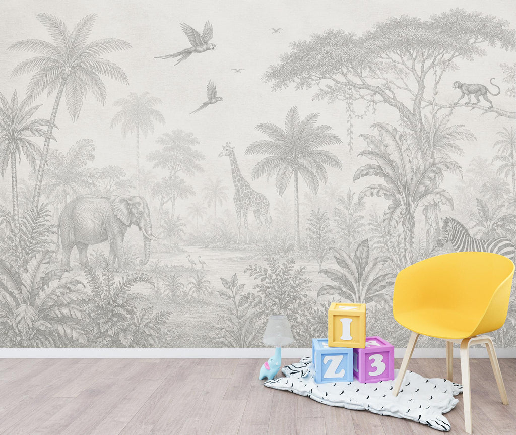 Safari Jungle Wallpaper Peel and Stick, Animal Wall Mural, Gray Tropical Nursery Mural, Monochrome Jungle Decor, Safari Kids Wallpaper 842LU