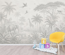 Load image into Gallery viewer, Safari Jungle Wallpaper Peel and Stick, Animal Wall Mural, Gray Tropical Nursery Mural, Monochrome Jungle Decor, Safari Kids Wallpaper 842LU