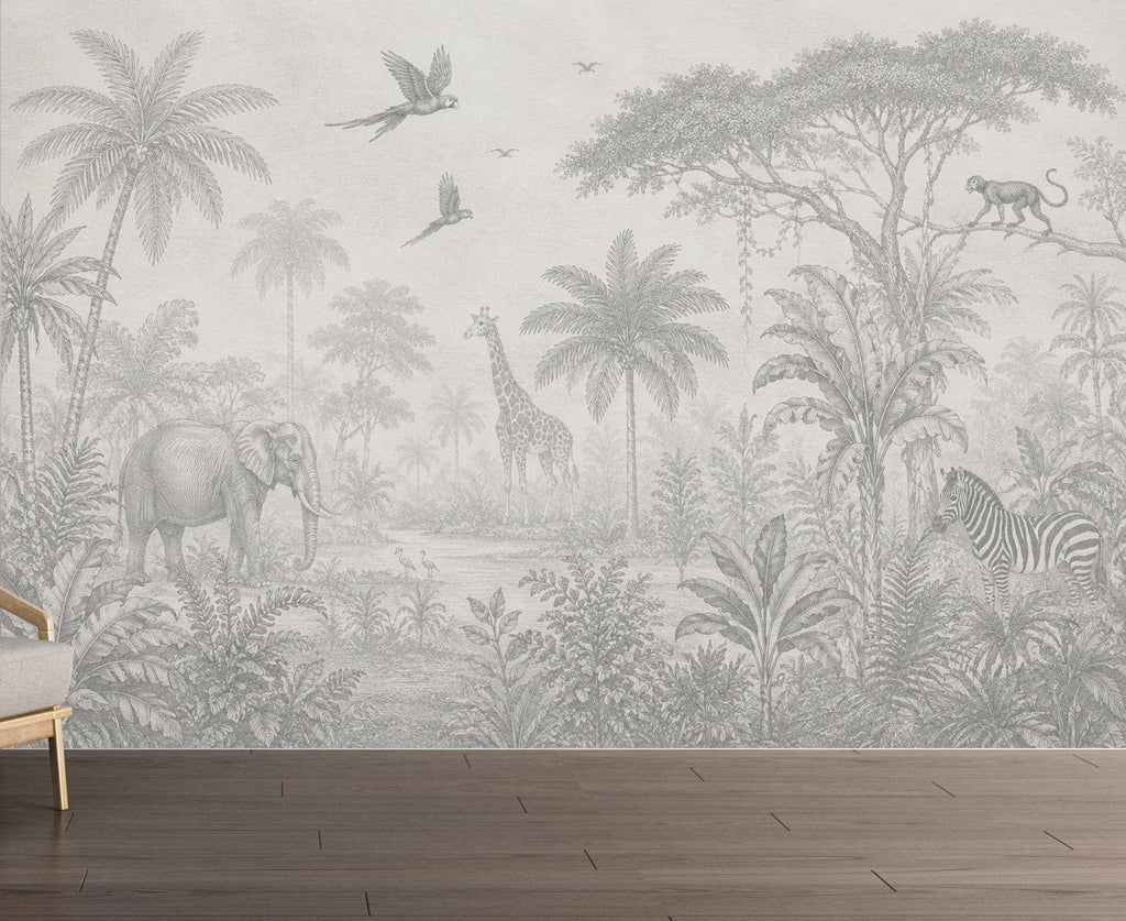 Safari Jungle Wallpaper Peel and Stick, Animal Wall Mural, Gray Tropical Nursery Mural, Monochrome Jungle Decor, Safari Kids Wallpaper 842LU