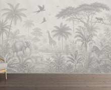 Load image into Gallery viewer, Safari Jungle Wallpaper Peel and Stick, Animal Wall Mural, Gray Tropical Nursery Mural, Monochrome Jungle Decor, Safari Kids Wallpaper 842LU
