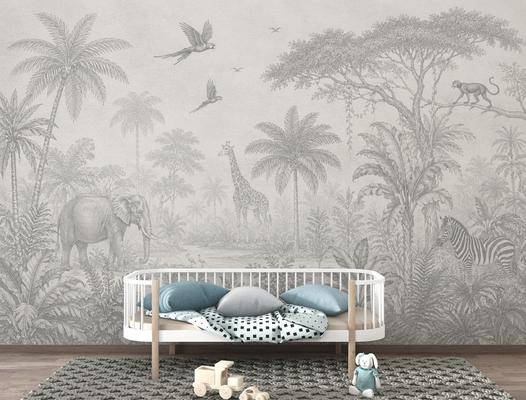 Safari Jungle Wallpaper Peel and Stick, Animal Wall Mural, Gray Tropical Nursery Mural, Monochrome Jungle Decor, Safari Kids Wallpaper 842LU
