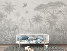 Load image into Gallery viewer, Safari Jungle Wallpaper Peel and Stick, Animal Wall Mural, Gray Tropical Nursery Mural, Monochrome Jungle Decor, Safari Kids Wallpaper 842LU