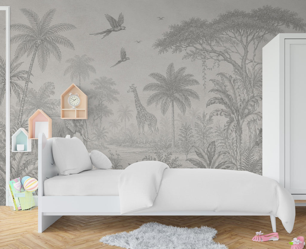 Safari Jungle Wallpaper Peel and Stick, Animal Wall Mural, Gray Tropical Nursery Mural, Monochrome Jungle Decor, Safari Kids Wallpaper 842LU