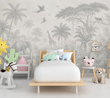 Load image into Gallery viewer, Safari Jungle Wallpaper Peel and Stick, Animal Wall Mural, Gray Tropical Nursery Mural, Monochrome Jungle Decor, Safari Kids Wallpaper 842LU