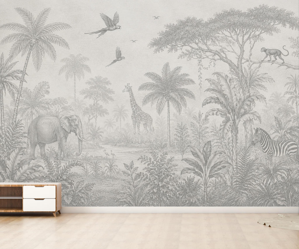 Safari Jungle Wallpaper Peel and Stick, Animal Wall Mural, Gray Tropical Nursery Mural, Monochrome Jungle Decor, Safari Kids Wallpaper 842LU