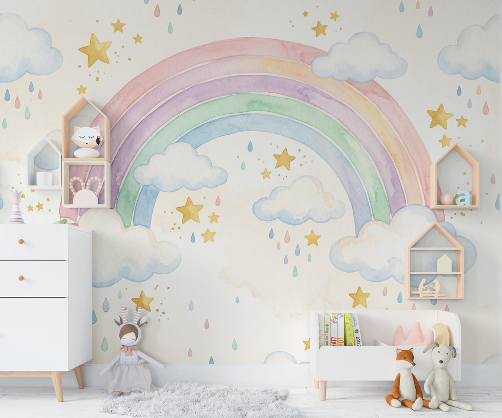 Rainbow Pastel Wallpaper Watercolor Rainbow Mural Nursery Stars Rainbow Wall Art for Nursery Bedroom or Living Room 1143RS