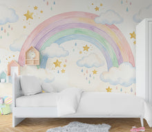 Load image into Gallery viewer, Rainbow Pastel Wallpaper Watercolor Rainbow Mural Nursery Stars Rainbow Wall Art for Nursery Bedroom or Living Room 1143RS