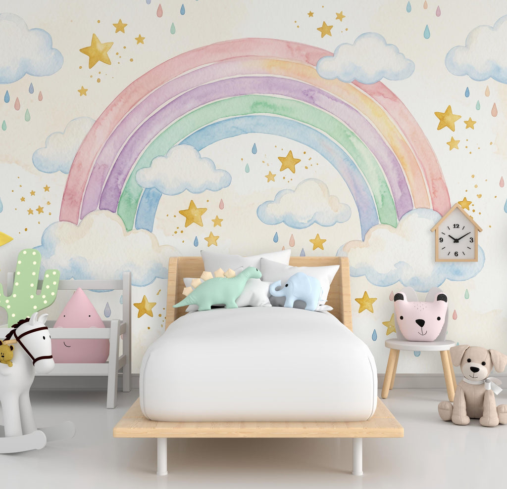 Rainbow Pastel Wallpaper Watercolor Rainbow Mural Nursery Stars Rainbow Wall Art for Nursery Bedroom or Living Room 1143RS