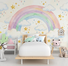 Load image into Gallery viewer, Rainbow Pastel Wallpaper Watercolor Rainbow Mural Nursery Stars Rainbow Wall Art for Nursery Bedroom or Living Room 1143RS