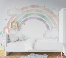 Load image into Gallery viewer, Pastel Rainbow Wallpaper Watercolor Rainbow Mural Nursery Stars Rainbow Wall Art for Nursery Bedroom or Living Room 1144RS