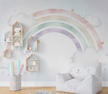 Load image into Gallery viewer, Pastel Rainbow Wallpaper Watercolor Rainbow Mural Nursery Stars Rainbow Wall Art for Nursery Bedroom or Living Room 1144RS