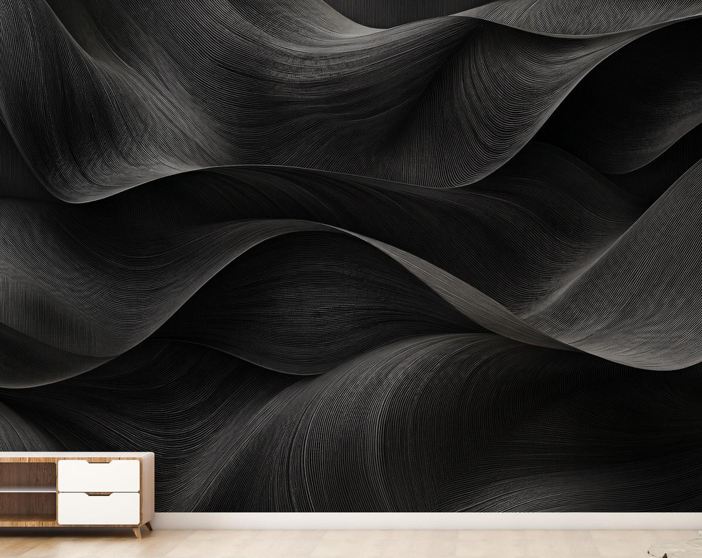 3D Black Wave Wallpaper - Abstract Flowing Fabric - Luxury Sculptural Texture - Modern Minimalist Neutral Mural 1146RS