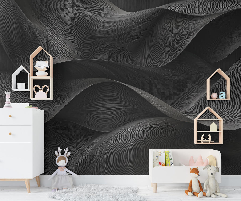 3D Black Wave Wallpaper - Abstract Flowing Fabric - Luxury Sculptural Texture - Modern Minimalist Neutral Mural 1146RS
