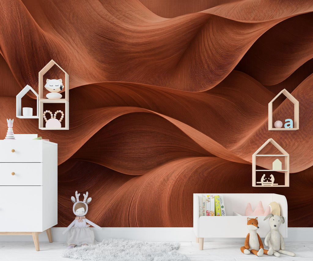 3D Terracotta Wave Wallpaper - Abstract Flowing Fabric - Luxury Sculptural Texture - Modern Minimalist Neutral Mural 1147RS