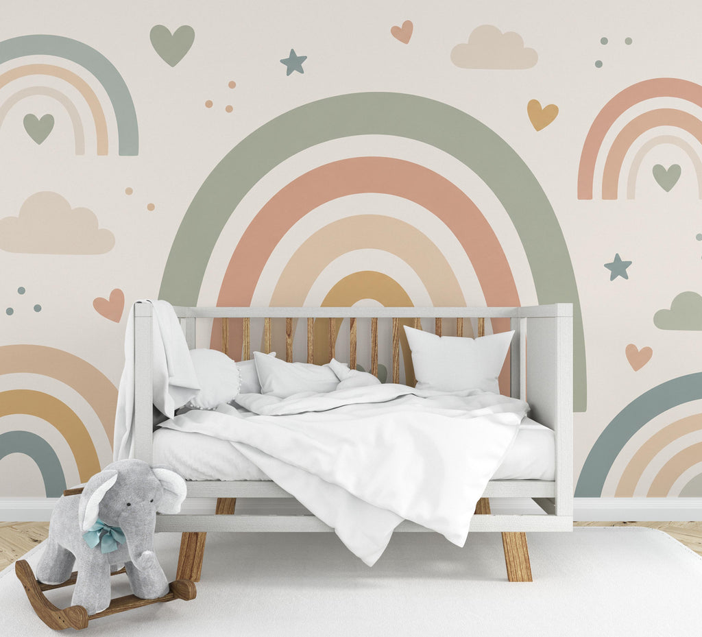 Pastel Rainbow Wallpaper Peel and Stick, Boho Nursery Wall Mural, Neutral Kids Room Decor, Rainbow Bedroom Art Decor 843LU