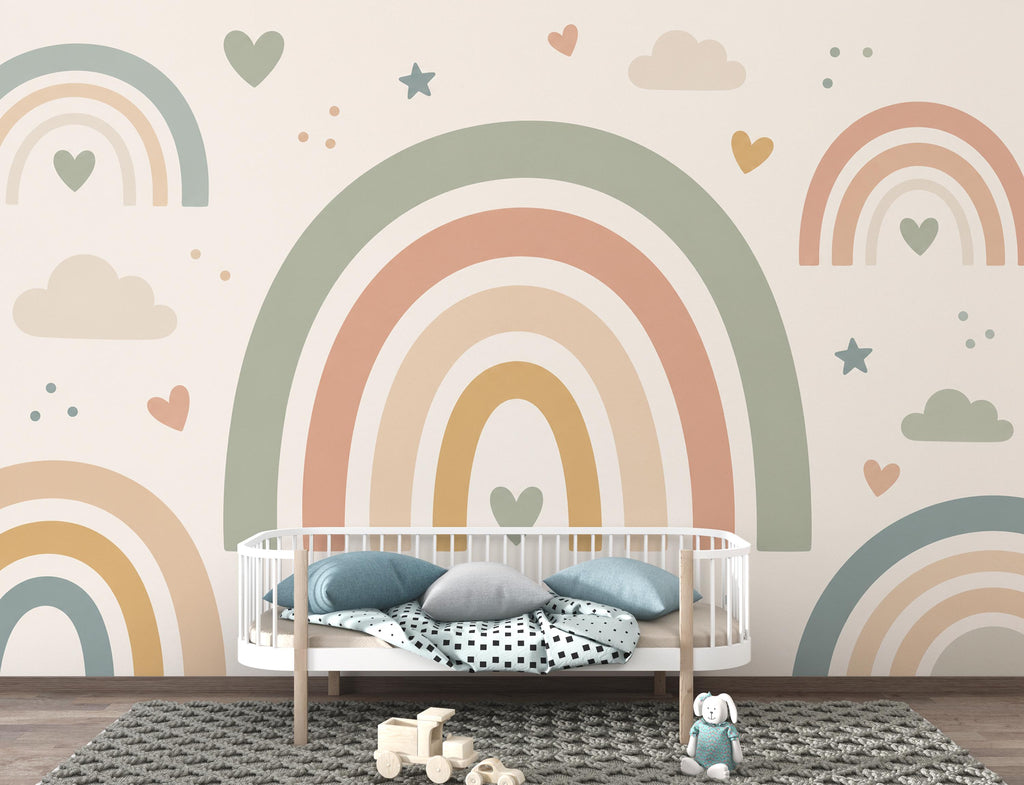Pastel Rainbow Wallpaper Peel and Stick, Boho Nursery Wall Mural, Neutral Kids Room Decor, Rainbow Bedroom Art Decor 843LU
