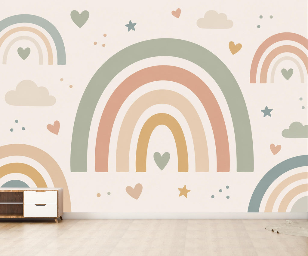 Pastel Rainbow Wallpaper Peel and Stick, Boho Nursery Wall Mural, Neutral Kids Room Decor, Rainbow Bedroom Art Decor 843LU