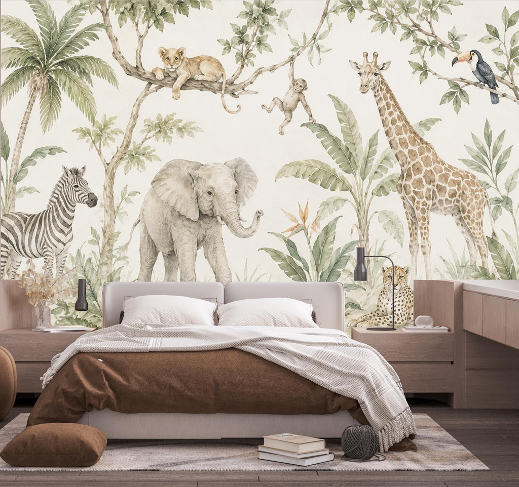 Safari Animal Wallpaper Peel and Stick, Neutral Jungle Nursery Wall Mural, Watercolor Safari Kids Room Decor for Boys or Girls 844LU