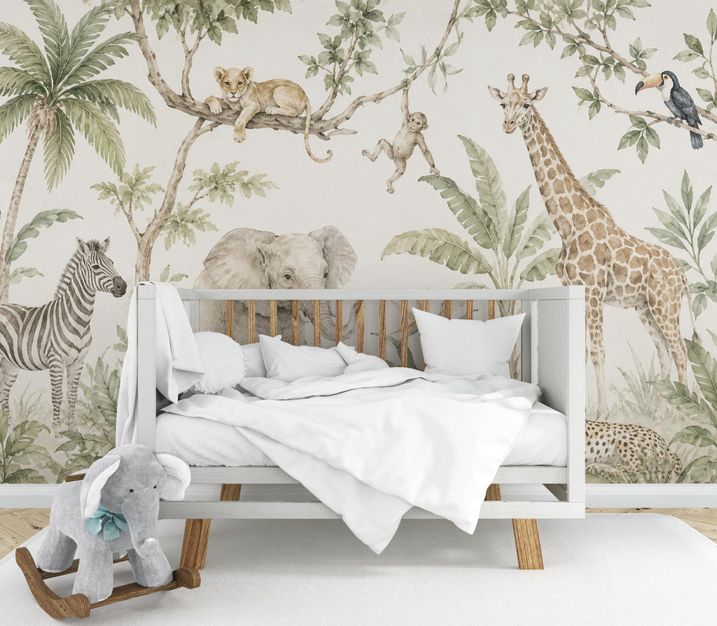 Safari Animal Wallpaper Peel and Stick, Neutral Jungle Nursery Wall Mural, Watercolor Safari Kids Room Decor for Boys or Girls 844LU