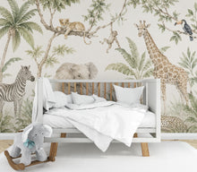 Load image into Gallery viewer, Safari Animal Wallpaper Peel and Stick, Neutral Jungle Nursery Wall Mural, Watercolor Safari Kids Room Decor for Boys or Girls 844LU