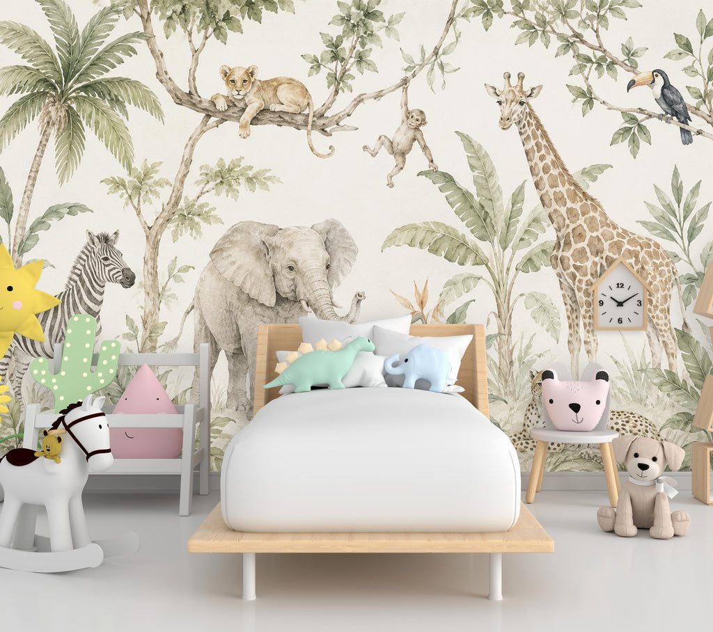 Safari Animal Wallpaper Peel and Stick, Neutral Jungle Nursery Wall Mural, Watercolor Safari Kids Room Decor for Boys or Girls 844LU