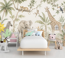 Load image into Gallery viewer, Safari Animal Wallpaper Peel and Stick, Neutral Jungle Nursery Wall Mural, Watercolor Safari Kids Room Decor for Boys or Girls 844LU