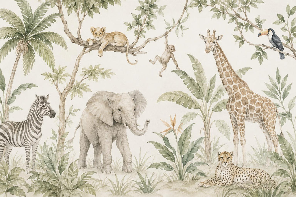 Safari Animal Wallpaper Peel and Stick, Neutral Jungle Nursery Wall Mural, Watercolor Safari Kids Room Decor for Boys or Girls 844LU