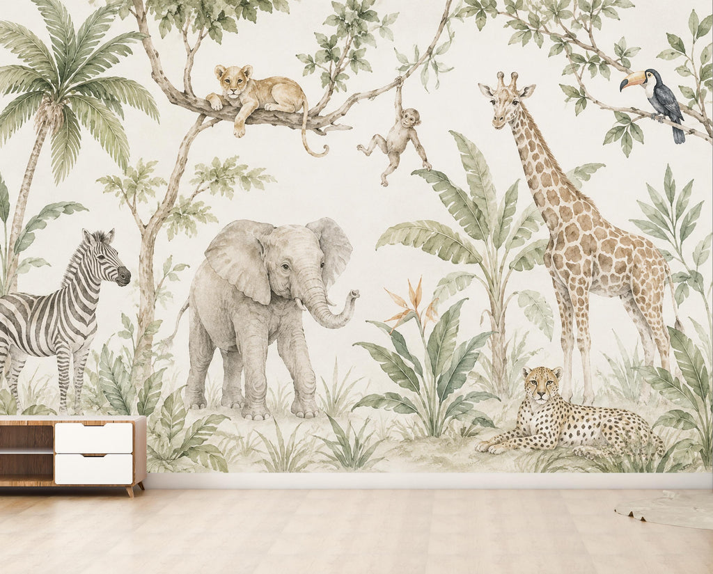 Safari Animal Wallpaper Peel and Stick, Neutral Jungle Nursery Wall Mural, Watercolor Safari Kids Room Decor for Boys or Girls 844LU