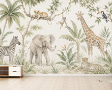 Load image into Gallery viewer, Safari Animal Wallpaper Peel and Stick, Neutral Jungle Nursery Wall Mural, Watercolor Safari Kids Room Decor for Boys or Girls 844LU