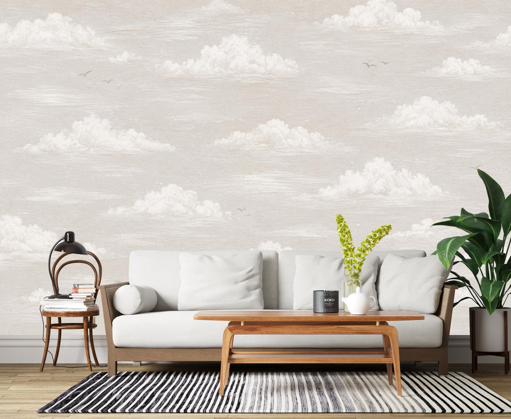 Neutral Cloud Wallpaper Mural | Soft Beige Nursery Wallpaper | Dreamy Sky Wall Decor for Baby Room Kids Bedroom | Peel and Stick 861LU