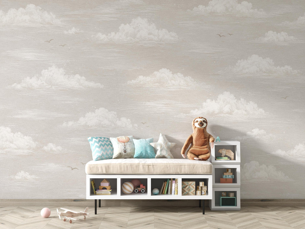 Neutral Cloud Wallpaper Mural | Soft Beige Nursery Wallpaper | Dreamy Sky Wall Decor for Baby Room Kids Bedroom | Peel and Stick 861LU
