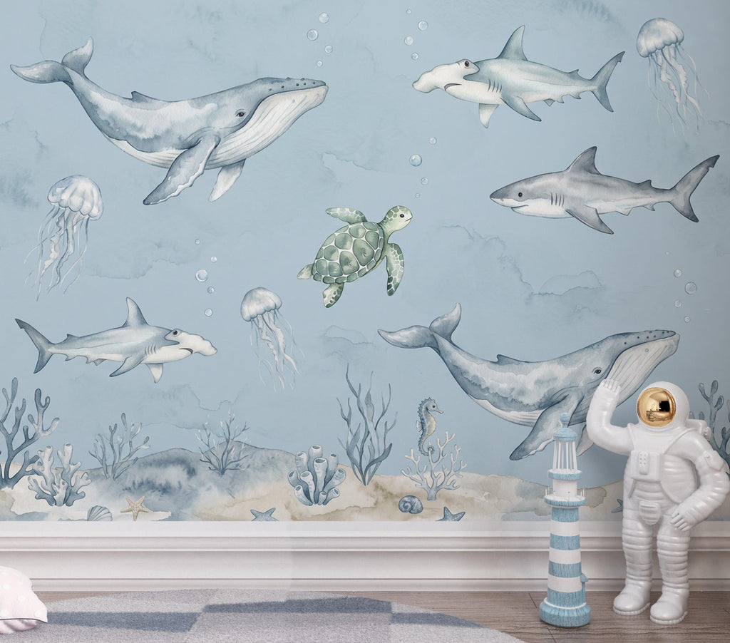 Ocean Nursery Wall Art, Watercolor Sea Animals Print, Whale Shark Turtle Jellyfish Decor, Nautical Baby Boy Nursery, Coastal Kids Room 431DE