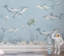 Load image into Gallery viewer, Ocean Nursery Wall Art, Watercolor Sea Animals Print, Whale Shark Turtle Jellyfish Decor, Nautical Baby Boy Nursery, Coastal Kids Room 431DE