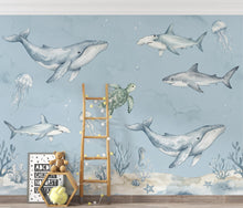 Load image into Gallery viewer, Ocean Nursery Wall Art, Watercolor Sea Animals Print, Whale Shark Turtle Jellyfish Decor, Nautical Baby Boy Nursery, Coastal Kids Room 431DE