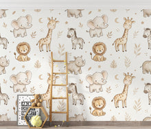 Load image into Gallery viewer, Safari Nursery Wall Art, Watercolor Jungle Animals, Elephant Giraffe Lion Zebra Decor, Neutral Baby Nursery, Boho Safari Kids Room 432DE