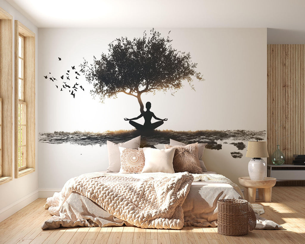Meditation Tree Wall Decal Zen Yoga Wall Art Nature Wellness Mural Spa Decor Peel And Stick Vinyl Sticker