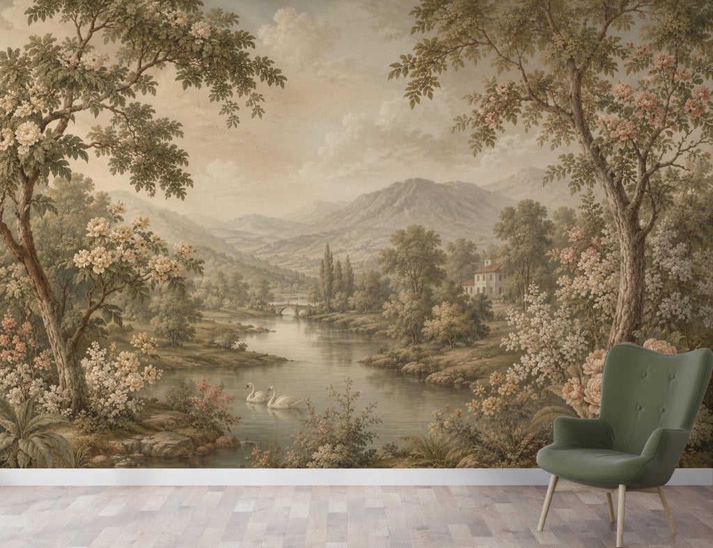 Vintage Landscape Wallpaper Peel and Stick, Romantic Countryside Wall Mural, Floral River Scenic Wallpaper Decor 845LU
