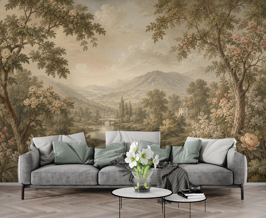 Vintage Landscape Wallpaper Peel and Stick, Romantic Countryside Wall Mural, Floral River Scenic Wallpaper Decor 845LU