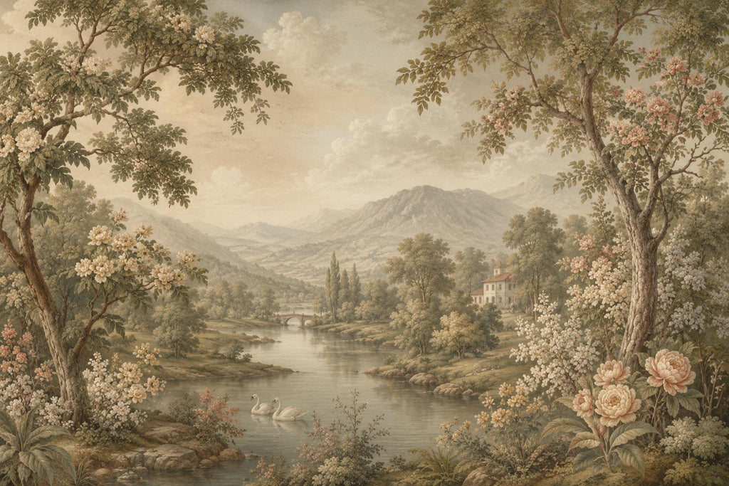 Vintage Landscape Wallpaper Peel and Stick, Romantic Countryside Wall Mural, Floral River Scenic Wallpaper Decor 845LU