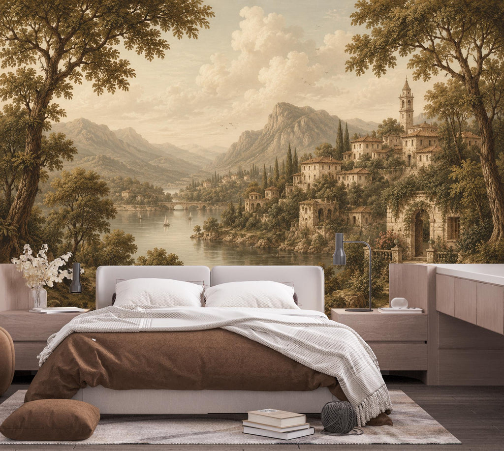 Vintage Medieval Landscape Wallpaper Peel and Stick, European Countryside Wall Mural, Romantic Lake View Wallpaper Decor 847LU