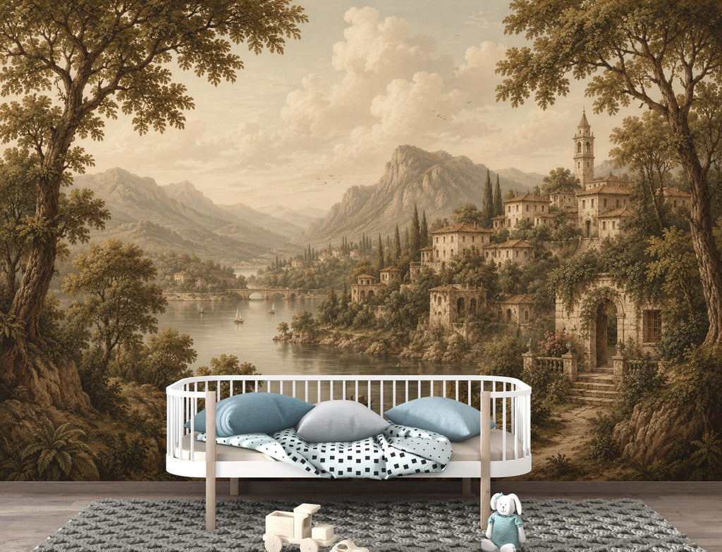 Vintage Medieval Landscape Wallpaper Peel and Stick, European Countryside Wall Mural, Romantic Lake View Wallpaper Decor 847LU