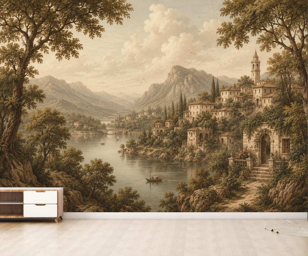 Vintage Medieval Landscape Wallpaper Peel and Stick, European Countryside Wall Mural, Romantic Lake View Wallpaper Decor 847LU