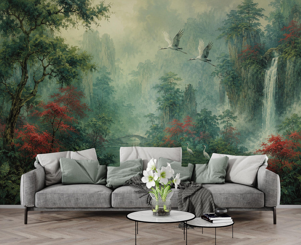 Chinoiserie Landscape Wallpaper Peel and Stick, Asian Crane Wall Mural, Misty Waterfall Botanical Wallpaper Decor, Floral Wallpaper 848LU