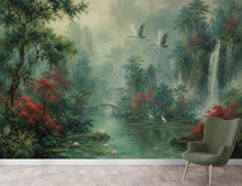 Load image into Gallery viewer, Chinoiserie Landscape Wallpaper Peel and Stick, Asian Crane Wall Mural, Misty Waterfall Botanical Wallpaper Decor, Floral Wallpaper 848LU