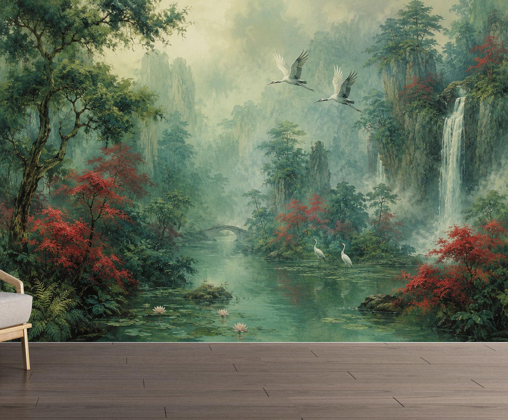 Chinoiserie Landscape Wallpaper Peel and Stick, Asian Crane Wall Mural, Misty Waterfall Botanical Wallpaper Decor, Floral Wallpaper 848LU