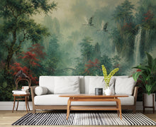 Load image into Gallery viewer, Chinoiserie Landscape Wallpaper Peel and Stick, Asian Crane Wall Mural, Misty Waterfall Botanical Wallpaper Decor, Floral Wallpaper 848LU