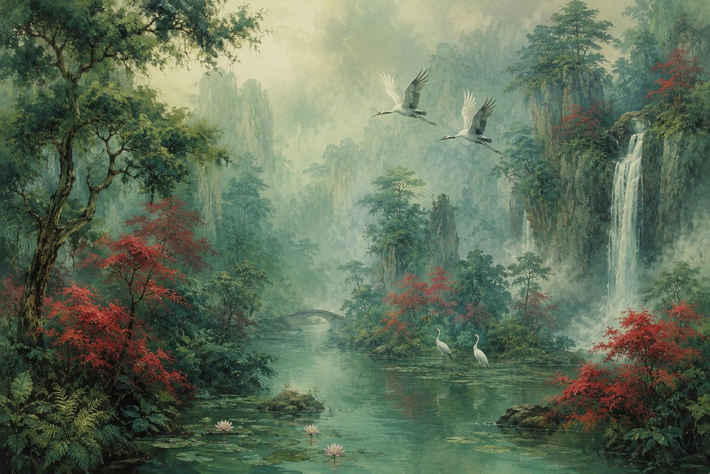 Chinoiserie Landscape Wallpaper Peel and Stick, Asian Crane Wall Mural, Misty Waterfall Botanical Wallpaper Decor, Floral Wallpaper 848LU