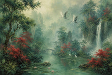Load image into Gallery viewer, Chinoiserie Landscape Wallpaper Peel and Stick, Asian Crane Wall Mural, Misty Waterfall Botanical Wallpaper Decor, Floral Wallpaper 848LU
